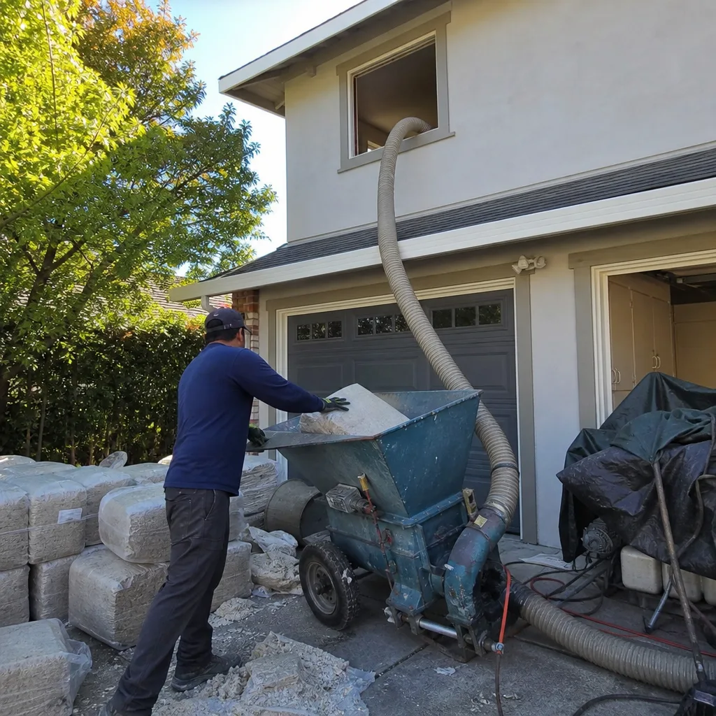 professional technician installing blown-in attic insulation using industrial blower equipment