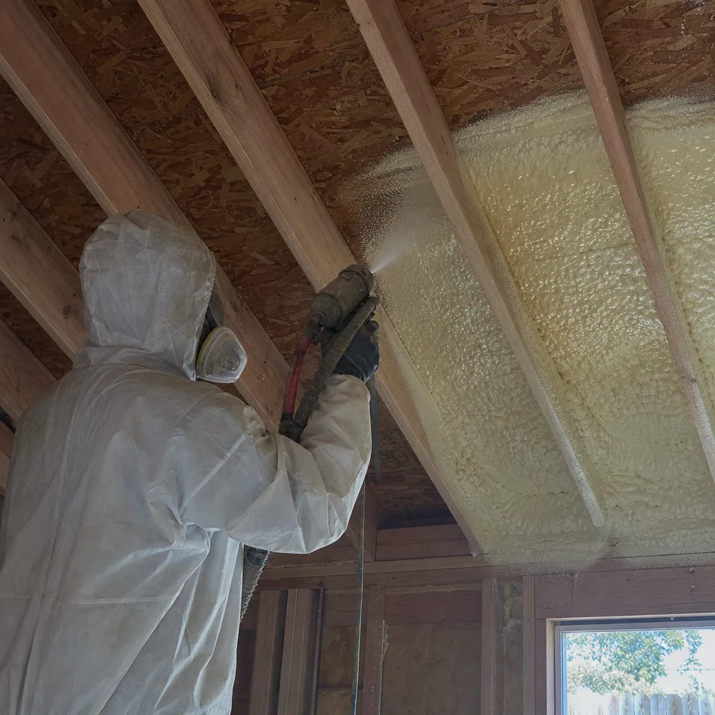 Professional contractor applying spray foam insulation to wooden attic rafters