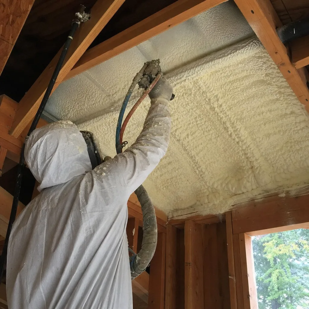 Contractor applying spray foam insulation to attic roof rafters