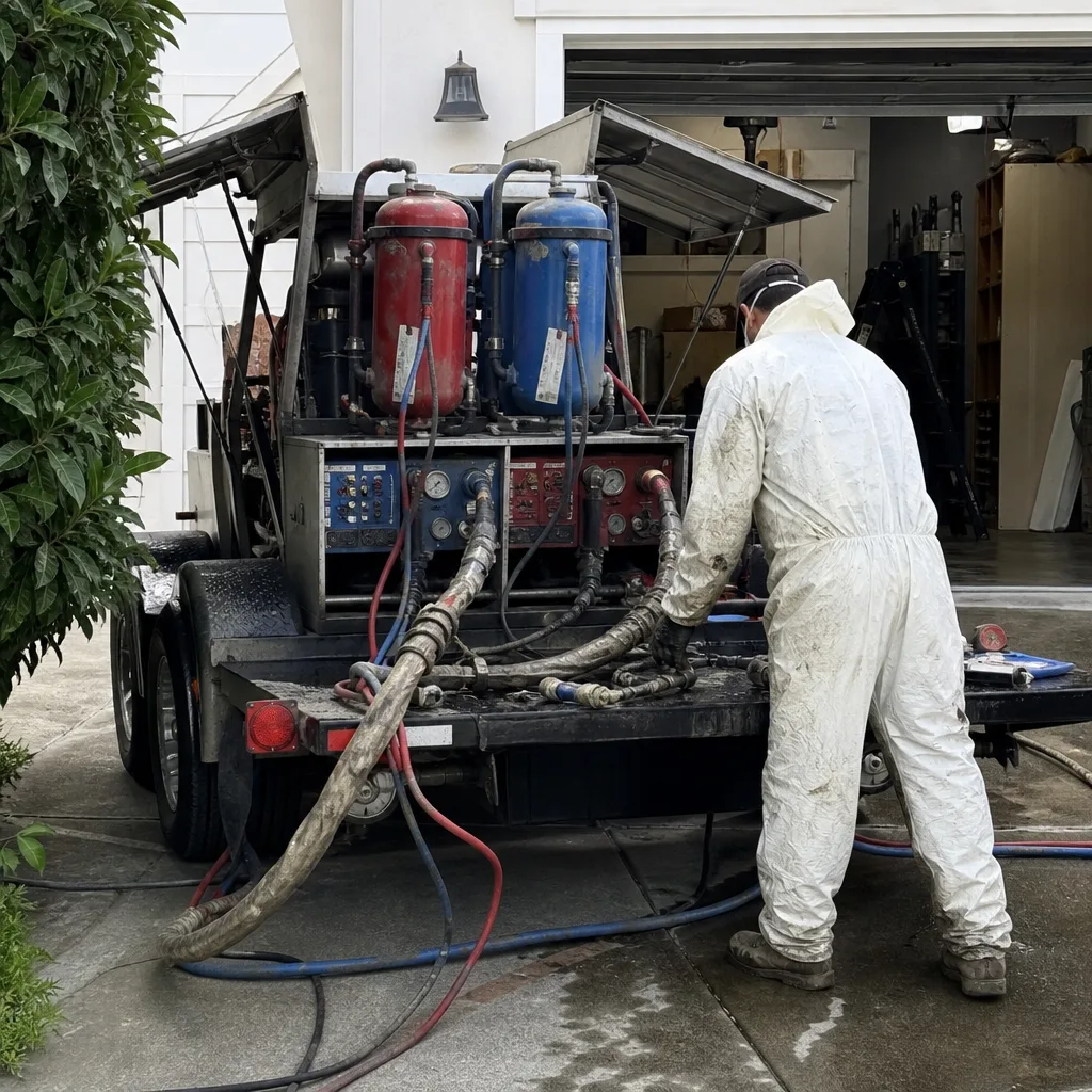 Technician using professional industrial spray foam insulation equipment and machinery